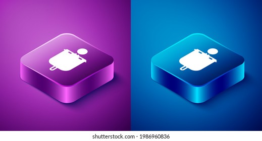 Isometric Medieval flag icon isolated on blue and purple background. Country, state, or territory ruled by a king or queen. Square button. Vector