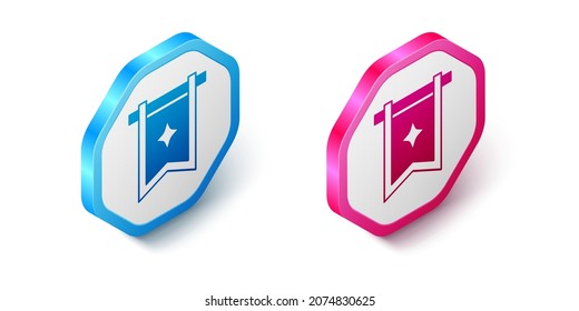 Isometric Medieval flag icon isolated on white background. Country, state, or territory ruled by a king or queen. Hexagon button. Vector