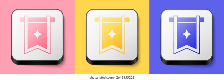 Isometric Medieval flag icon isolated on pink, yellow and blue background. Country, state, or territory ruled by a king or queen. Square button. Vector