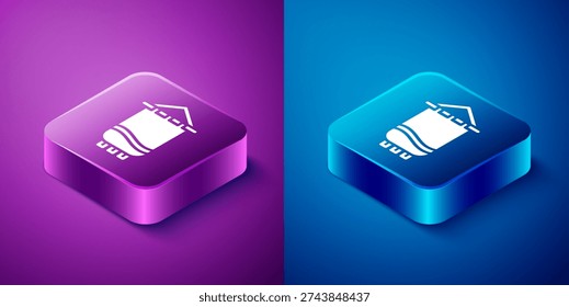 Isometric Medieval flag icon isolated on blue and purple background. Country, state, or territory ruled by a king or queen. Square button. Vector