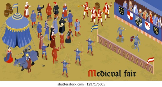 Isometric medieval horizontal composition with medieval fair headline and group of people on square vector illustration