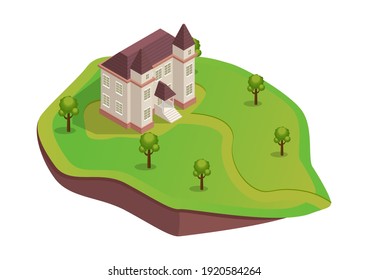 Isometric medieval house on the hill with trees