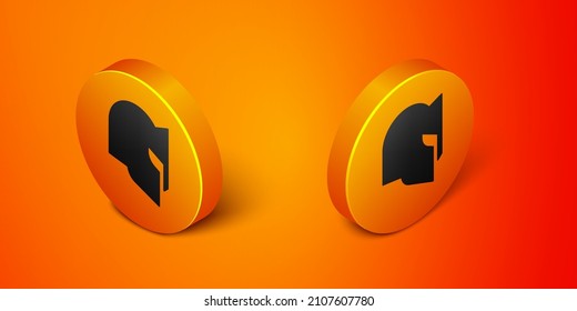 Isometric Medieval iron helmet for head protection icon isolated on orange background. Knight helmet. Orange circle button. Vector