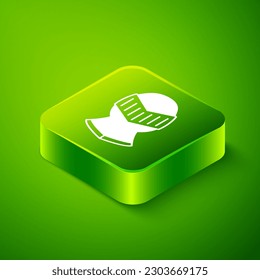 Isometric Medieval iron helmet for head protection icon isolated on green background. Knight helmet. Green square button. Vector