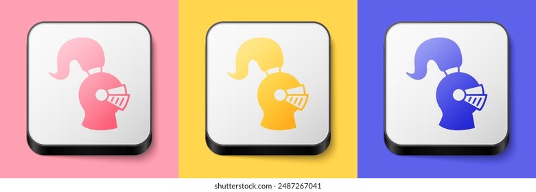 Isometric Medieval iron helmet for head protection icon isolated on pink, yellow and blue background. Knight helmet. Square button. Vector