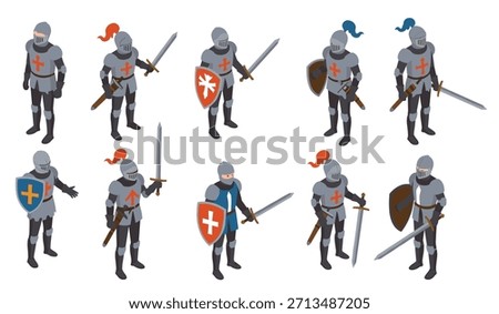 Isometric medieval knights collection with swords and shields in armor