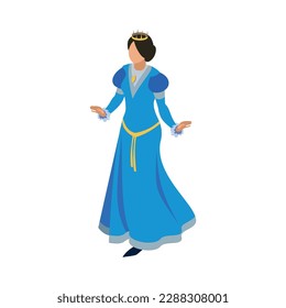 Isometric medieval queen character wearing blue dress and crown vector illustration