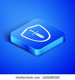 Isometric Medieval shield with sword icon isolated on blue background. Blue square button. Vector Illustration