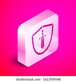Isometric Medieval shield with sword icon isolated on pink background. Silver square button. Vector Illustration