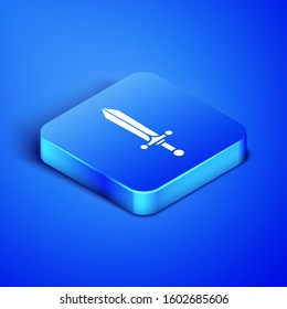 Isometric Medieval sword icon isolated on blue background. Blue square button. Vector Illustration