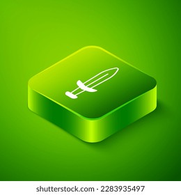 Isometric Medieval sword icon isolated on green background. Medieval weapon. Green square button. Vector