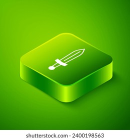 Isometric Medieval sword icon isolated on green background. Medieval weapon. Green square button. Vector