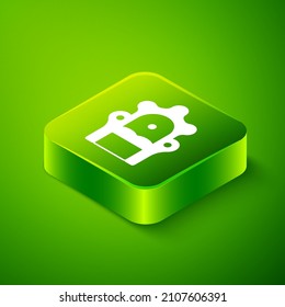 Isometric Medieval thone icono aislado en el fondo verde. Botón cuadrado verde. Vector