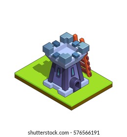 Isometric medieval tower defense for game isolated on white background. Vector illustration.