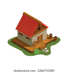 Isometric medieval village house 3d vector illustration