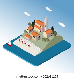 Isometric mediterranean landscape by sea, little town, resort, beach, flat 3d design, vector illustration svg
