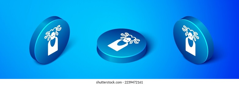 Isometric Medusa Gorgon head with snakes greek icon isolated on blue background. Blue circle button. Vector