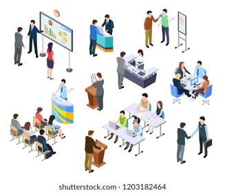 Isometric meeting. Business people on presentation conference. Team work process at table. 3d businessmen training vector set. Isometric meeting and conference people illustration