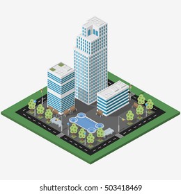 Isometric megalopolis business city. Vector isometric city center map with skyscrapers, offices and fountain