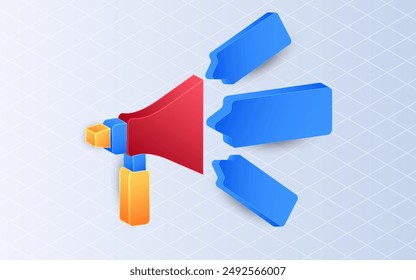 Isometrisches Megafon, Ansage mit Sprechblasen auf weißem Hintergrund. Business Marketing Konzepte