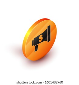 Isometric Megaphone and dollar icon isolated on white background. Loud speach alert concept. Bullhorn for Mouthpiece scream promotion. Orange circle button. Vector Illustration