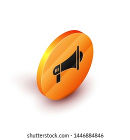 Isometric Megaphone icon isolated on white background. Loud speach alert concept. Bullhorn for Mouthpiece scream promotion. Orange circle button. Vector Illustration