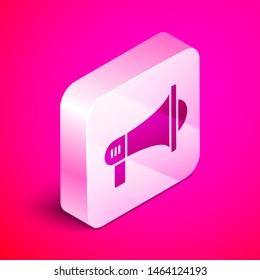 Isometric Megaphone icon isolated on pink background. Loud speach alert concept. Bullhorn for Mouthpiece scream promotion. Silver square button. Vector Illustration