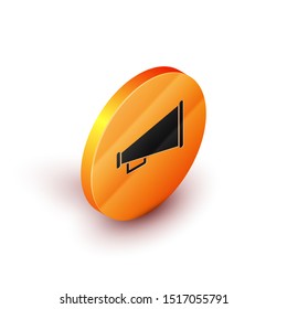 Isometric Megaphone icon isolated on white background. Speaker sign. Orange circle button. Vector Illustration