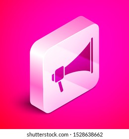 Isometric Megaphone icon isolated on pink background. Speaker sign. Silver square button. Vector Illustration