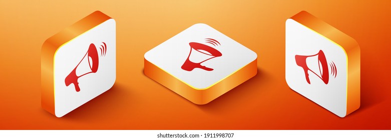 Isometric Megaphone icon aislado en el fondo naranja. Botón cuadrado naranja. Vector.