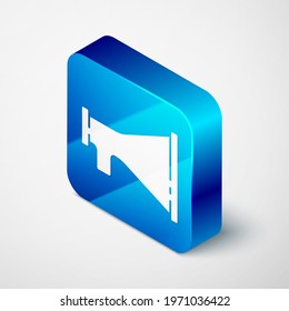Isometric Megaphone icon isolated on grey background. Speaker sign. Blue square button. Vector