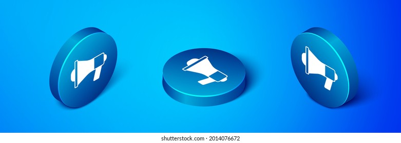 Isometric Megaphone icon isolated on blue background. Speaker sign. Blue circle button. Vector