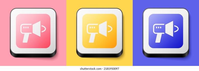Isometric Megaphone icon isolated on pink, yellow and blue background. Speaker sign. Square button. Vector
