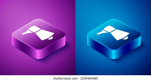 Isometric Megaphone icon isolated on blue and purple background. Speaker sign. Square button. Vector Illustration