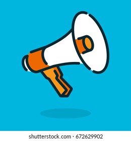 Isometric megaphone on blue background. Isometric color line vector illustration.