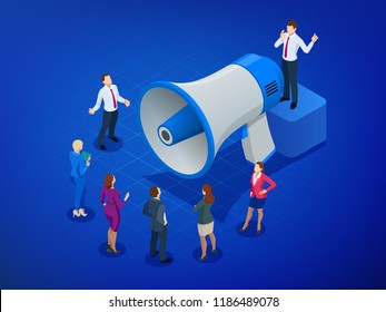 Isometric Megaphone and people. Digital marketing, blog marketing, blog post sharing, social media marketing concept. Native advertising concept. Vector illustration.