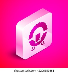 Isometric Memorial wreath icon isolated on pink background. Funeral ceremony. Silver square button. Vector