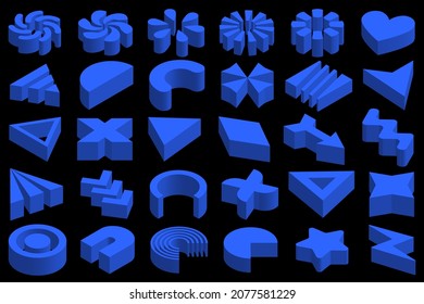 Isometric Memphis collection. Set of simple geometric design elements. 3D rendering, blue Memphis shapes, isometry objects and figures.	