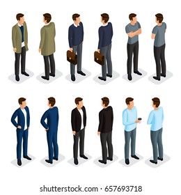 Isometric men set. 3D man in jacket with briefcase, businessman in suit, home clothes, drinking coffee, front view and rear view. Vector illustration