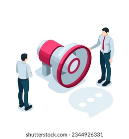 isometric men talking near the loudspeaker in color on a white background, promotion or advertising agent