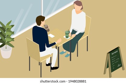 Isometric, men and women having tea on the terrace of a wood-style cafe