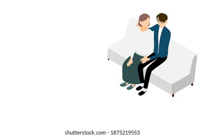 Isometric, men and women taking skinships on the sofa