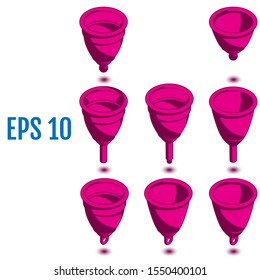 Isometric menstrual cups. Different silicone menstrual cups. Illustration for feminine hygiene, medicine, menstruation. Vector illustration on Menstruation theme. 