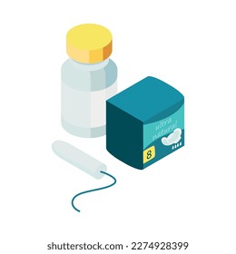 Isometric menstrual tools icon with package of pads tampone and bottle 3d vector illustration