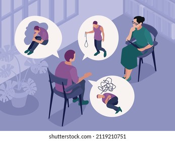 Isometric mental disorders colored composition patient talks about his problems at psychologists office vector illustration