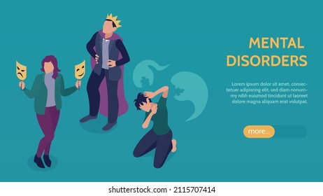 Isometric mental disorders horizontal banner with big yellow headline more button and three people with different disorders vector illustration