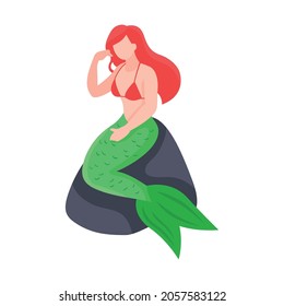 Sirena isométrica con cola verde y cabello rojo sentado en la ilustración vectorial de piedra