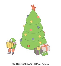 Isometric Merry Christmas. Christmas elf, Santa's helpers, puts gifts under the tree . New Year congratulation. 