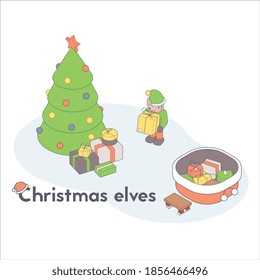 Isometric Merry Christmas. Christmas elf, Santa's helpers, gifts under the tree . New Year congratulation. 