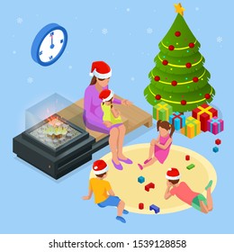 Isometric Merry Christmas happy family concept. Merry Christmas and Happy Holidays